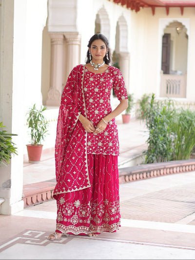 Magenta Pink Georgette Designer Embroidery Sharara Suit - BONYHUBSALWAR KAMEEZ