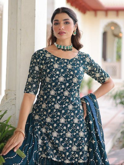 Teal Blue Georgette Designer Embroidery Sharara Suit - BONYHUBSALWAR KAMEEZ