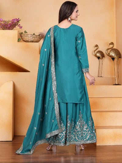 Elegant Teal Green Embroidery Work Sharara Suit - BONYHUBSALWAR KAMEEZ