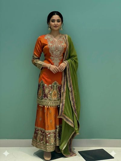 Orange & Green Chinon Silk Embroidery Sharara Suit - BONYHUBSALWAR KAMEEZ