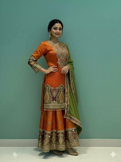 Orange & Green Chinon Silk Embroidery Sharara Suit - BONYHUBSALWAR KAMEEZ