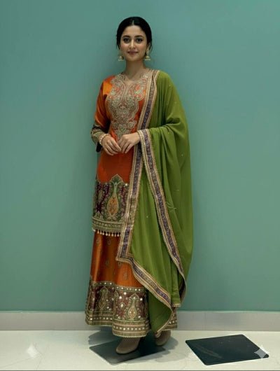 Orange & Green Chinon Silk Embroidery Sharara Suit - BONYHUBSALWAR KAMEEZ