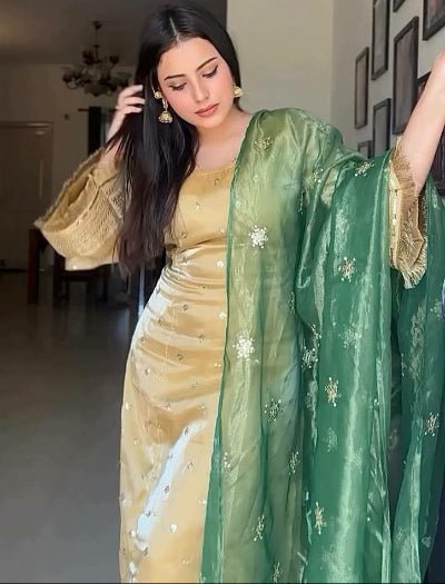 Gold Silk Embroidered Suit With Green Dupatta - BONYHUBSALWAR KAMEEZ