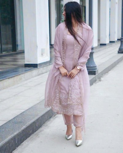 Powder Pink Sequins Thread Work Straight Suit Set - BONYHUBSALWAR KAMEEZ