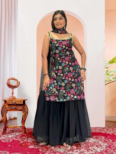 Black Georgette Multicolor Sequins Sharara Suit Set - BONYHUBSALWAR KAMEEZ