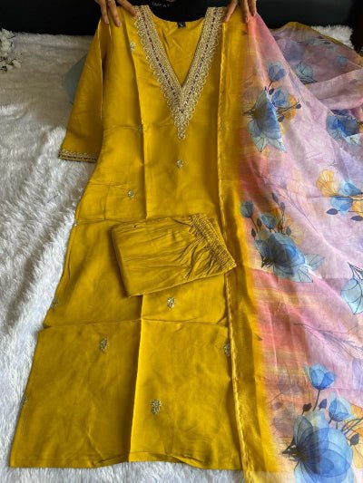 Mustard Yellow Roman Silk Salwar Suit Set - BONYHUBSALWAR KAMEEZ