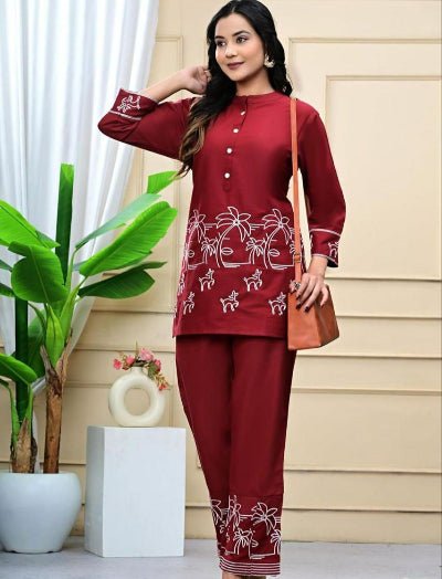 Maroon Rayon Silk Embroidered Kurti Pant Set Of 2 - BONYHUBSALWAR KAMEEZ