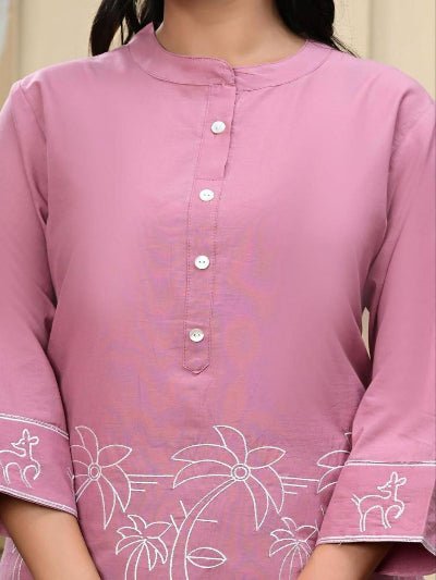 Pink Rayon Silk Embroidered Kurti Pant Set Of 2 - BONYHUBSALWAR KAMEEZ