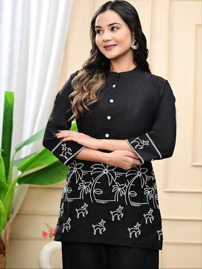 Black Rayon Silk Embroidered Kurti Pant Set Of 2 - BONYHUBSALWAR KAMEEZ