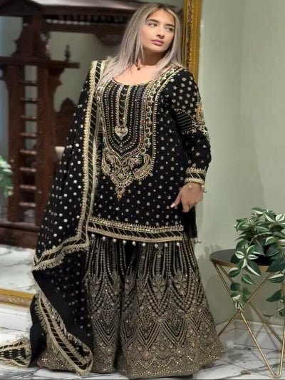 Black Georgette Fancy Embroidered Sharara Suit Set - BONYHUBSALWAR KAMEEZ