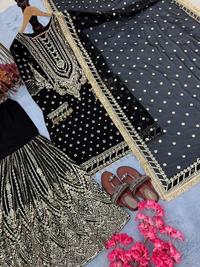 Black Georgette Fancy Embroidered Sharara Suit Set - BONYHUBSALWAR KAMEEZ