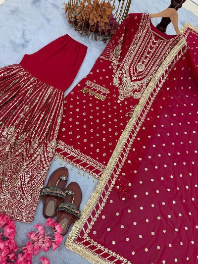 Red Georgette Fancy Embroidered Sharara Suit Set - BONYHUBSALWAR KAMEEZ