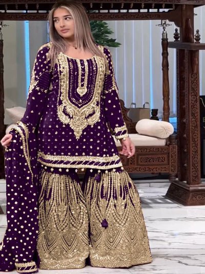 Purple Georgette Fancy Embroidered Sharara Suit Set - BONYHUBSALWAR KAMEEZ