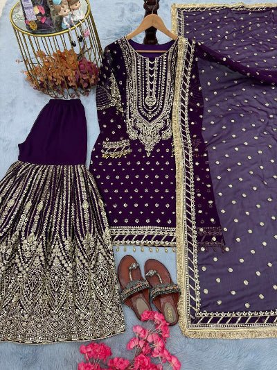 Purple Georgette Fancy Embroidered Sharara Suit Set - BONYHUBSALWAR KAMEEZ