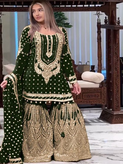 Dark Green Georgette Fancy Embroidered Sharara Suit Set - BONYHUBSALWAR KAMEEZ