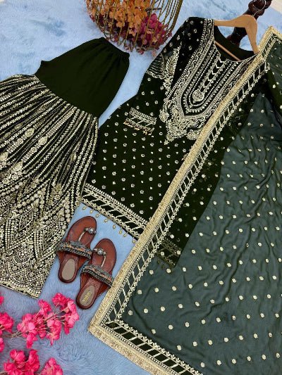 Dark Green Georgette Fancy Embroidered Sharara Suit Set - BONYHUBSALWAR KAMEEZ