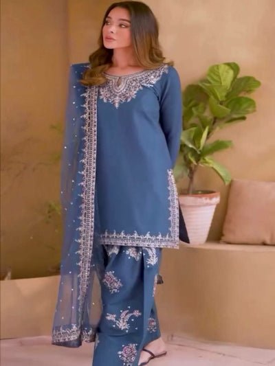 Dusty Powder Blue Embroidered Farshi Suit Set - BONYHUBSALWAR KAMEEZ