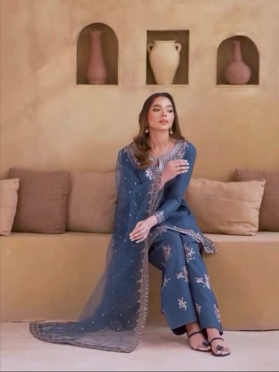 Dusty Powder Blue Embroidered Farshi Suit Set - BONYHUBSALWAR KAMEEZ