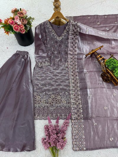 Dusty Lilac Grey Embroidery Work Sharara Suit - BONYHUBSALWAR KAMEEZ