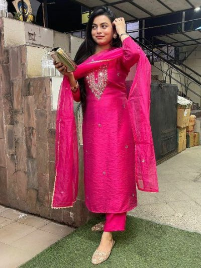 Rani Pink Chanderi Embroidered Straight Suit Set - BONYHUBSALWAR KAMEEZ
