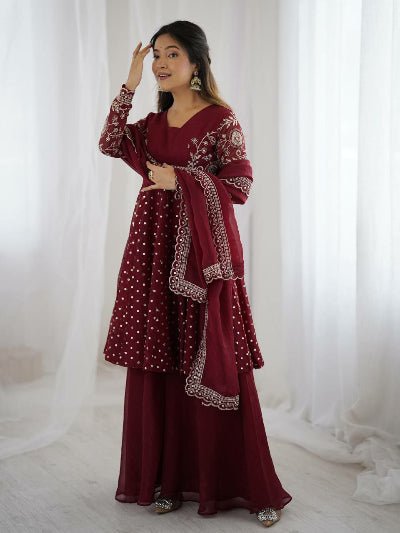 Maroon Peplum Style Anarkali Kurti Sharara Set - BONYHUBSALWAR KAMEEZ