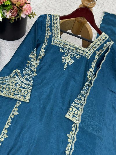 Teal Blue Sequence Embroidered Palazzo Suit Set - BONYHUBSALWAR KAMEEZ