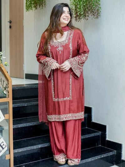 Rust Brown Sequence Embroidered Palazzo Suit Set - BONYHUBSALWAR KAMEEZ
