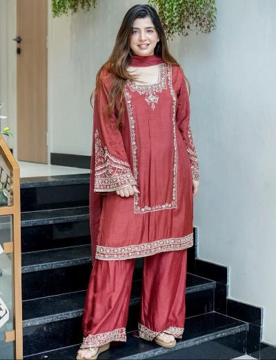 Rust Brown Sequence Embroidered Palazzo Suit Set - BONYHUBSALWAR KAMEEZ