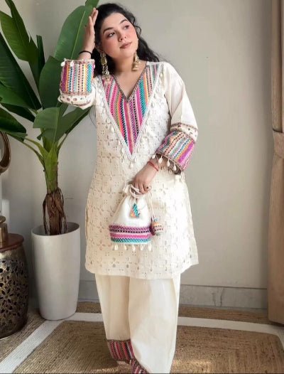 Ivory Cotton Khadi Schiffli Work Farshi Pant Kurti Set Of 2 - BONYHUBSALWAR KAMEEZ