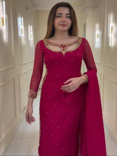 Maroon Georgette Moti Work Straight Suit Set - BONYHUBSALWAR KAMEEZ