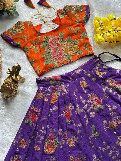 Kids Orange & Purple Silk Floral Lehenga Blouse Set - BONYHUBLehangas