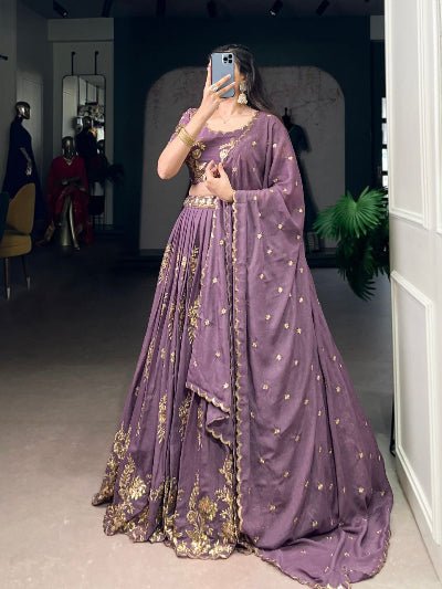 Dusty Purple Sequins Thread Embroidery Lehenga Choli - BONYHUBSALWAR KAMEEZ