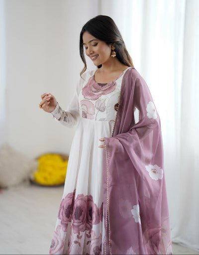 White Mauve Bloom Organza Silk Anarkali Suit Set - BONYHUBSALWAR KAMEEZ