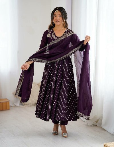 Purple Crunchy Silk Sequins Work Anarkali Suit Set - BONYHUBSALWAR KAMEEZ