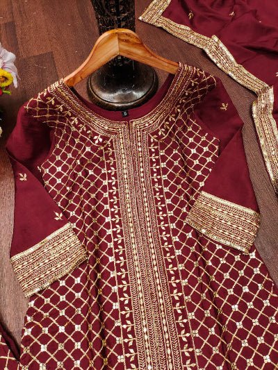 Maroon Chinon Embroidered Sharara Suit Set - BONYHUBSALWAR KAMEEZ