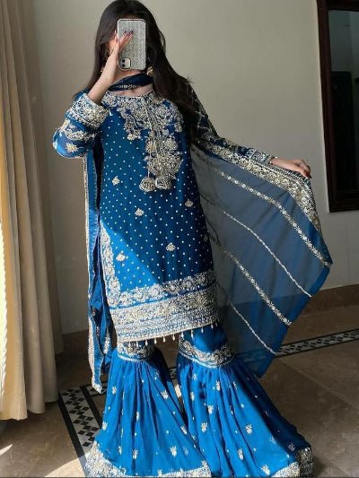 Royal Blue Georgette Embroidery Work Gharara Suit - BONYHUBSALWAR KAMEEZ