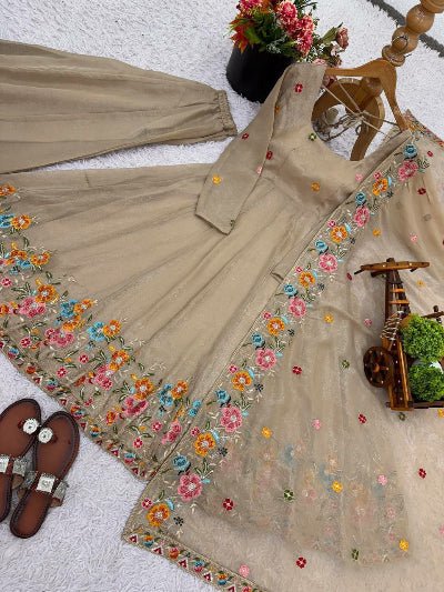 Soft Beige Crunchy Silk Embroidery Anarkali Sharara Suit - BONYHUBSALWAR KAMEEZ