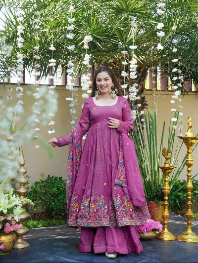 Fuchia Purple Crunchy Silk Embroidery Anarkali Sharara Suit - BONYHUBSALWAR KAMEEZ