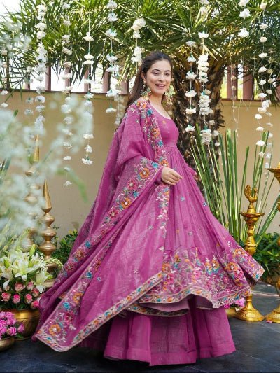 Fuchia Purple Crunchy Silk Embroidery Anarkali Sharara Suit - BONYHUBSALWAR KAMEEZ