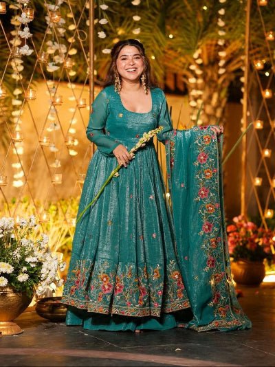 Ocean Teal Crunchy Silk Embroidery Anarkali Sharara Suit - BONYHUBSALWAR KAMEEZ