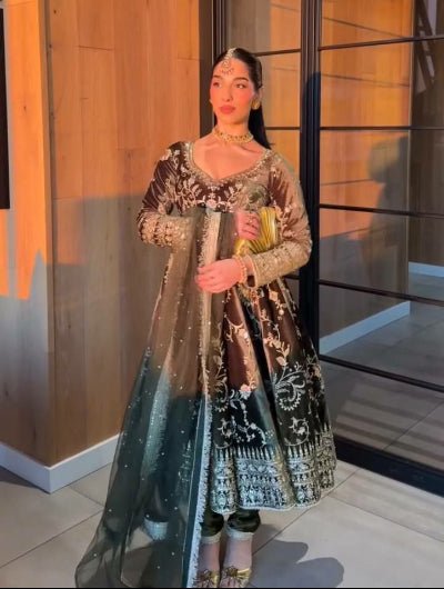 Deep Olive Green Velvet Embroidery Work Anarkali Suit - BONYHUBSALWAR KAMEEZ