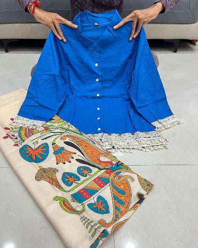 Sky Blue Cotton Tassel Kurti Printed Palazzo Set Of 2 - BONYHUBSALWAR KAMEEZ