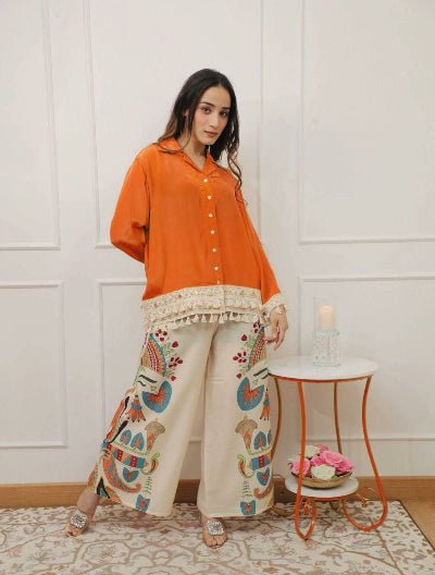 Orange Cotton Tassel Kurti Printed Palazzo Set Of 2 - BONYHUBSALWAR KAMEEZ