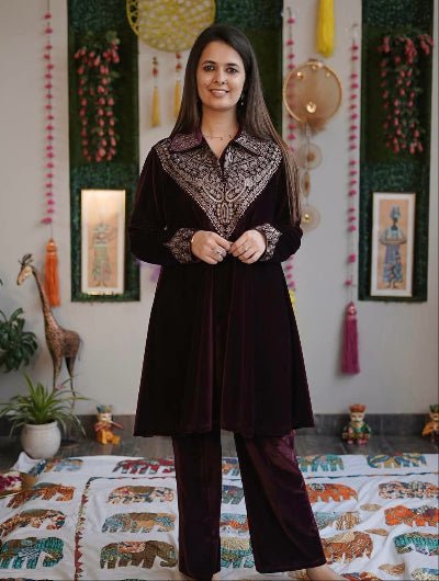 Wine Velvet Embroidery Work Kurti Pant Set Of 2 - BONYHUBSALWAR KAMEEZ