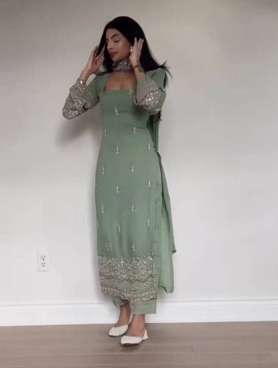 Pastel Seagreen Georgette Embroidery Work Straight Suit - BONYHUBSALWAR KAMEEZ