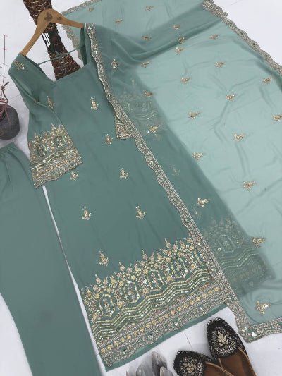Pastel Seagreen Georgette Embroidery Work Straight Suit - BONYHUBSALWAR KAMEEZ