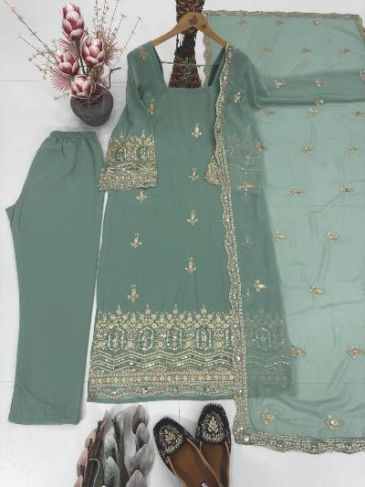 Pastel Seagreen Georgette Embroidery Work Straight Suit - BONYHUBSALWAR KAMEEZ