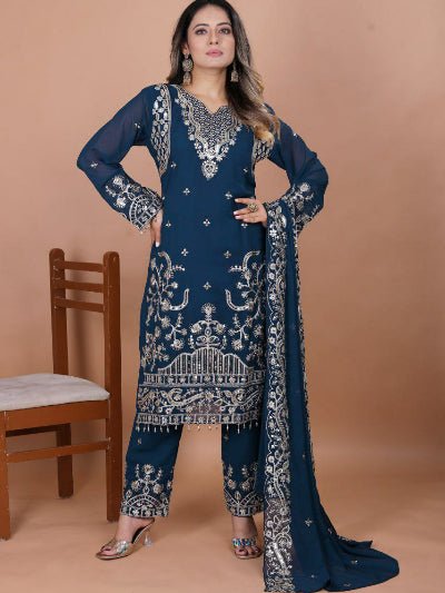 Peacock Blue Georgette Sequence Work Straight Suit Set - BONYHUBSALWAR KAMEEZ