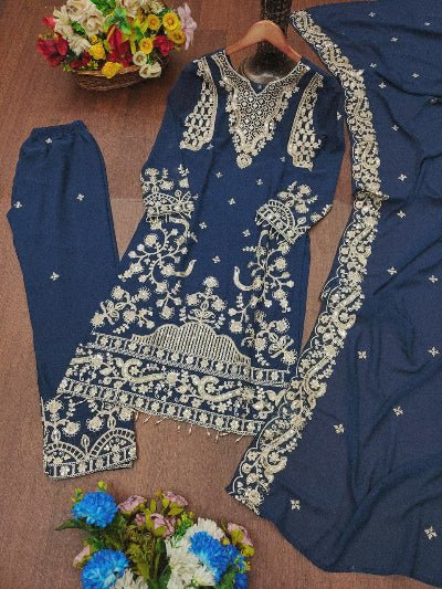 Peacock Blue Georgette Sequence Work Straight Suit Set - BONYHUBSALWAR KAMEEZ