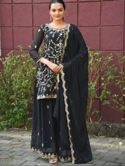 Black Georgette Embroidery Work Sharara Set - BONYHUBSALWAR KAMEEZ